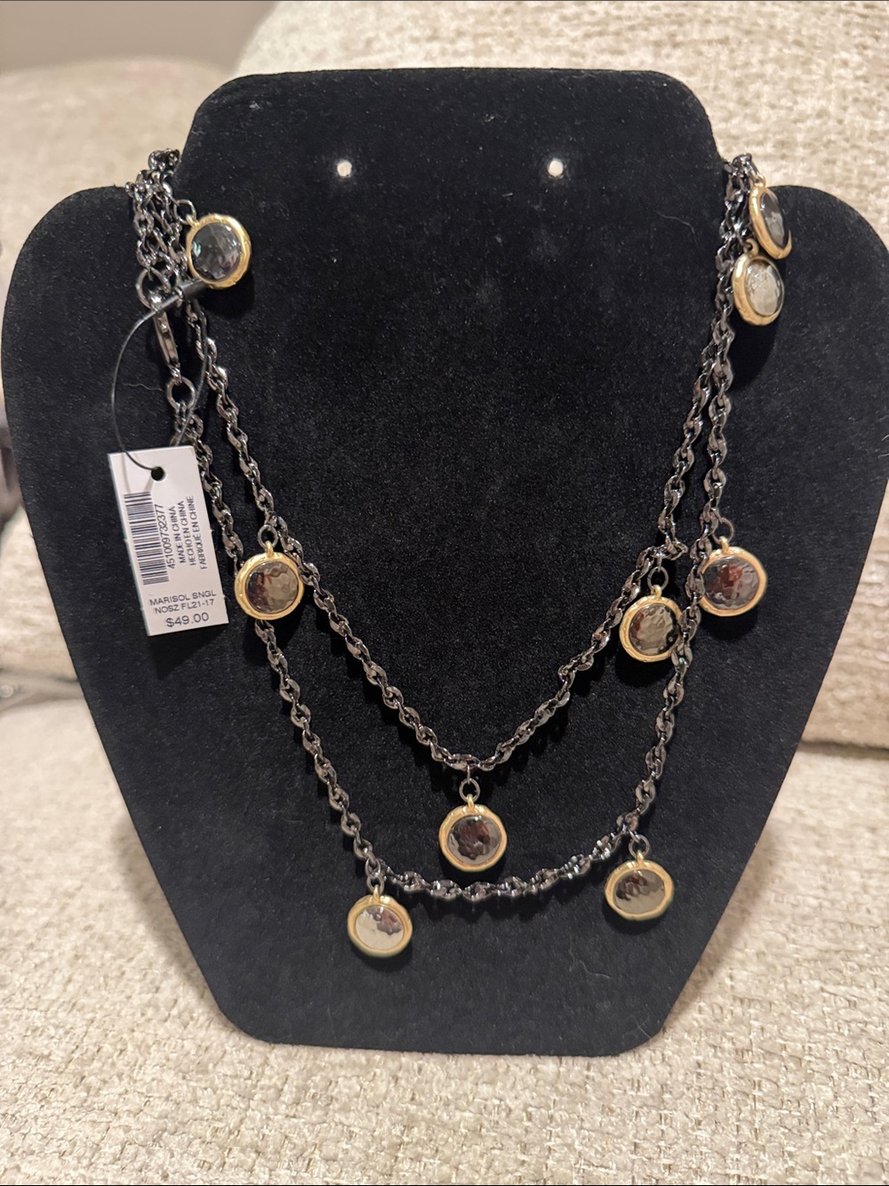 Chico's Two-Tone Layered Disc Necklace - Black and Gold NWT